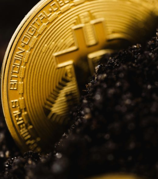 A close-up shot of a Bitcoin partially buried in soil, symbolizing digital currency growth.