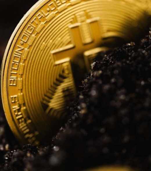 A close-up shot of a Bitcoin partially buried in soil, symbolizing digital currency growth.